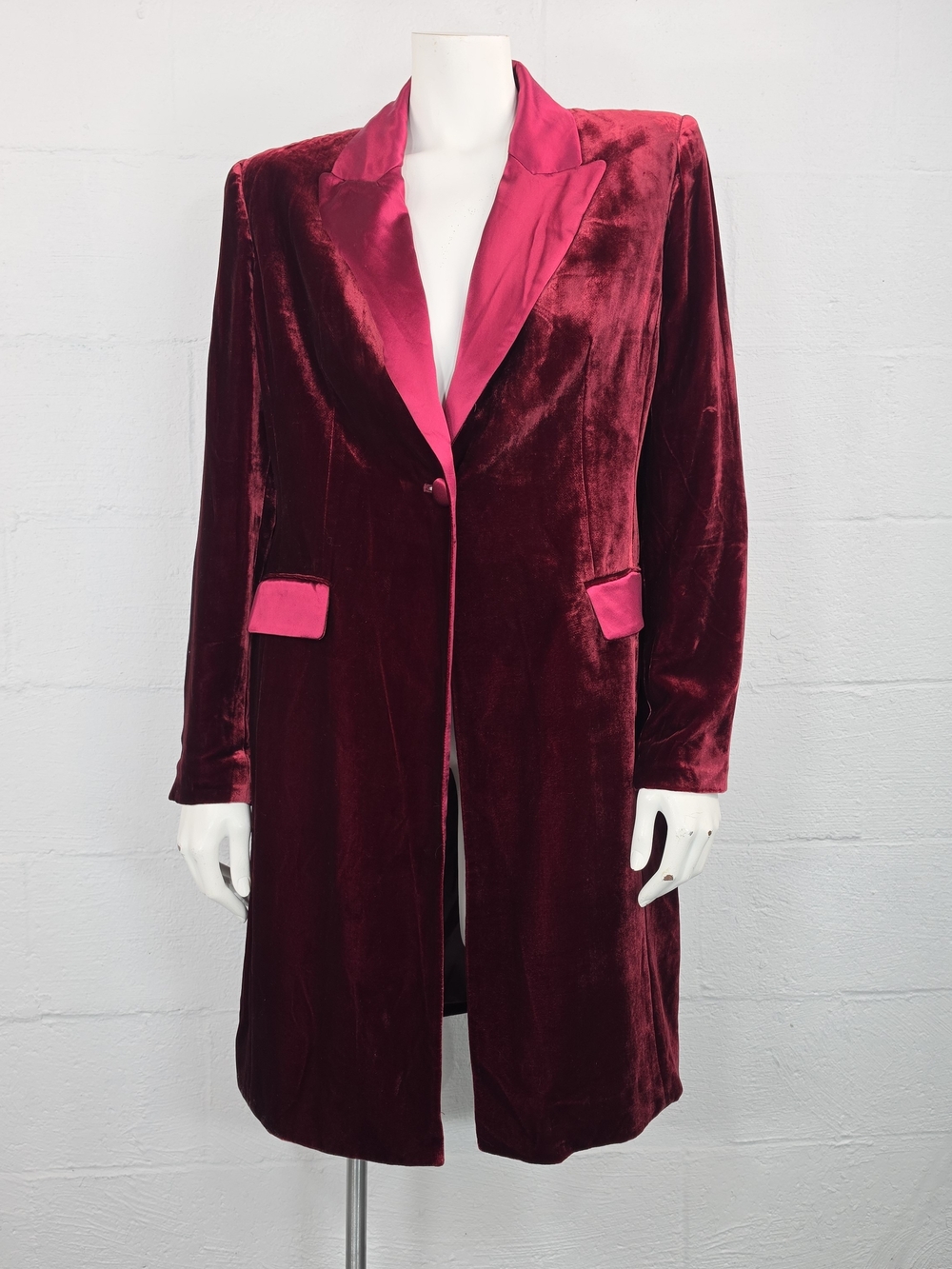 Bloomingdale's Burgundy Velvet Long Blazer